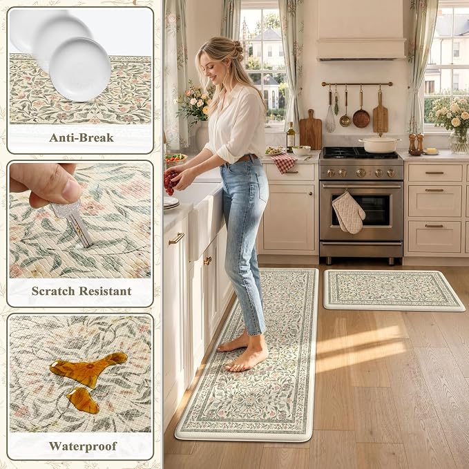 KIMODE Anti Fatigue Kitchen Mats for Floor 2 Piece 20"x59"+20"x32", Boho Kitchen Runner Rugs Non Slip, Beige Cushioned Kitchen Floor Mats, Comfort Standing Mats for Sink, Waterproof Laundry Room Rug