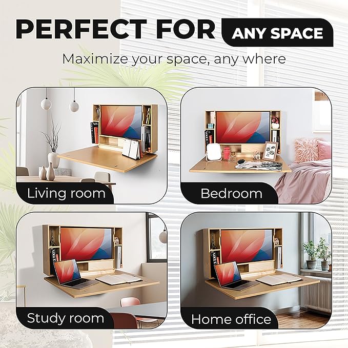SKEENA Wall-Mounted Desk - Floating Folding Desk with Storage, Space-Saving Design for Home Office (36")