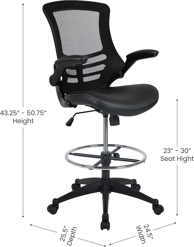 Flash Furniture Kelista Mid-Back Swivel Office Chair with Adjustable LeatherSoft Seat Height, Ergonomic Mesh Chair with Flip-Up Arms, Black | Leather soft Seat, Mid-Back, Flip-Up Arms, Mesh Back, Adjustable Foot Ring