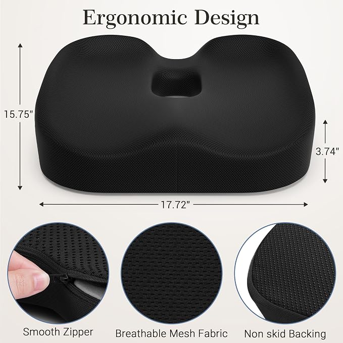 Donut Pillow Seat Cushion for Hemorrhoids & Tailbone Pressure Relief - Memory Foam Office Chair Cushion for Sciatica, Coccyx & Back Pain, Non-Slip Butt Cushions for Long Sitting (Black)