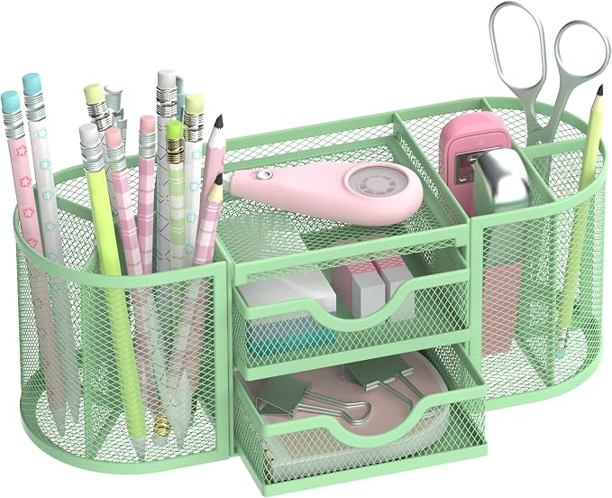 Mesh Desk Organizer, Desk Organizers and Accessories, Pen Holder with Drawers, Pencil Holder for Desk with 2 Drawer for Office Supplies, Mint Green