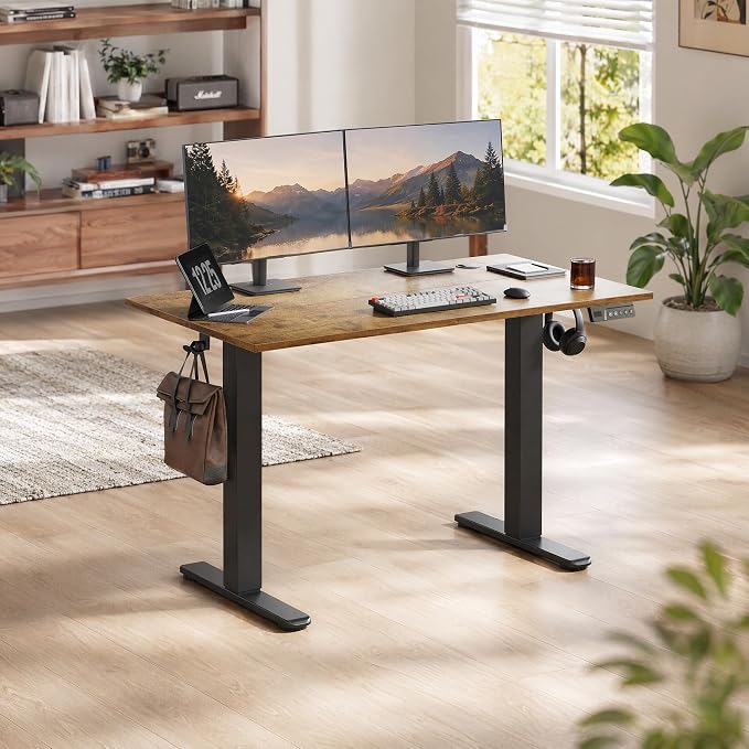 Claiks Electric Standing Desk, 48x24 Inch, Rustic Brown | Adjustable height for sit-stand, 156lbs capacity, scratch-resistant surface, 3 memory presets, cable management & hook.