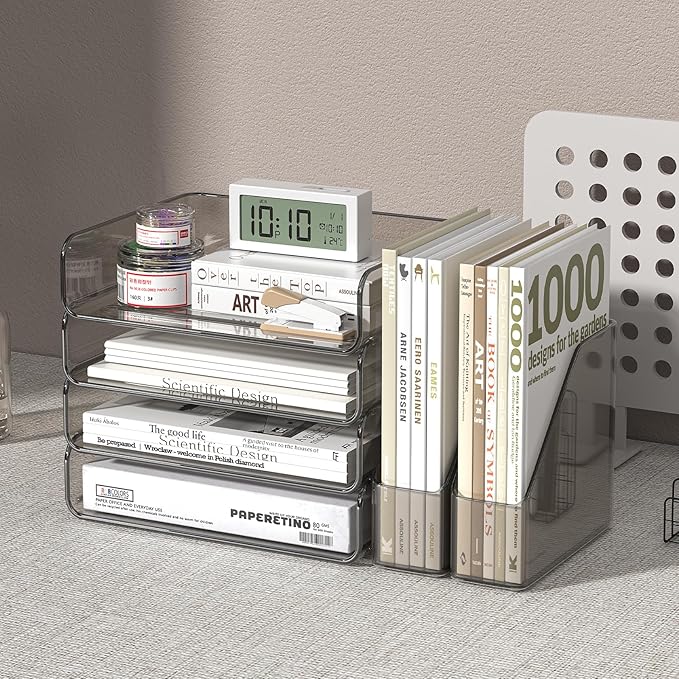 Acrylic Paper Organizer with Movable Bookends, 4-Tier Stackable Paper Tray for Desk, Brown Clear File & Letter Tray Organizer Office