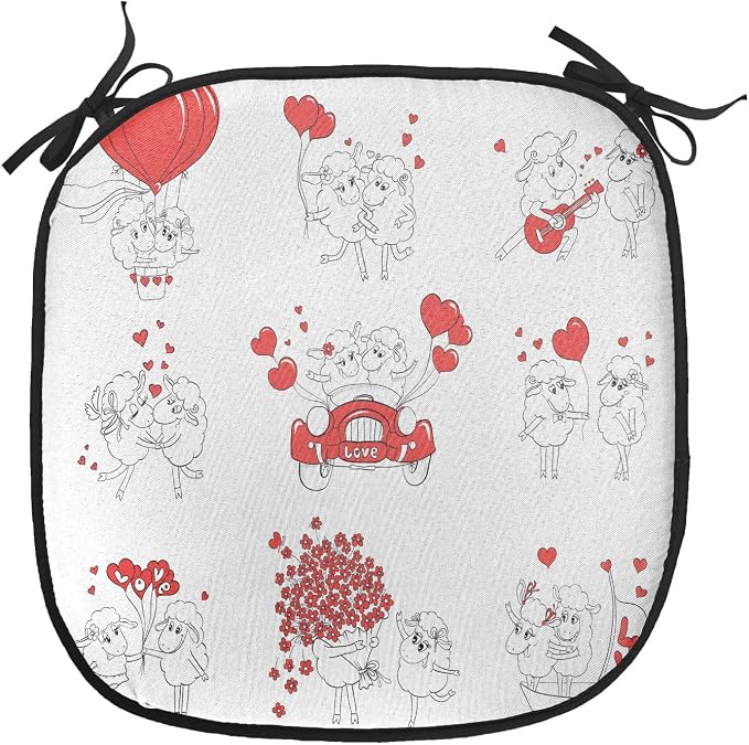 Lunarable Love Chair Cushion Pads Set of 2, Couple in Love Funny Pictures Happy Sheep Wedding Theme Doodle Style Illustration, Anti-Slip Seat Padding for Kitchen & Patio, 16"x16", Red Black White