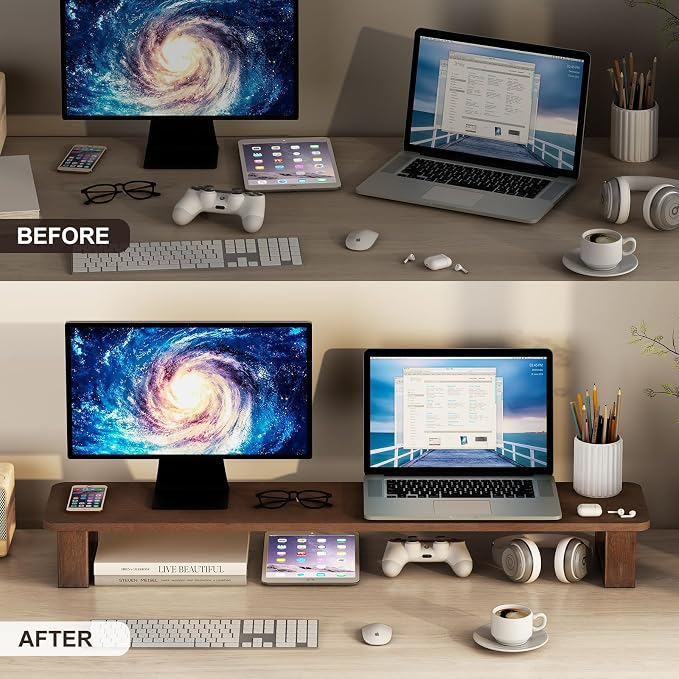 Ufine Dual Monitor Stand Riser 39.3 Inch Wood Desk Shelf Desktop Organizer | 2 Heights Adjustable, Ergonomic Computer Monitor Stand for 2 Monitors, Laptop, TV, Printer