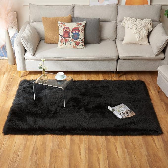 EasyJoy Ultra Soft Fluffy Shaggy Area Rug Faux Fur Rug Chair Cover Seat Pad Fuzzy Area Rug for Bedroom Floor Sofa Living Room (4 x 6 ft Rectangle, Black)