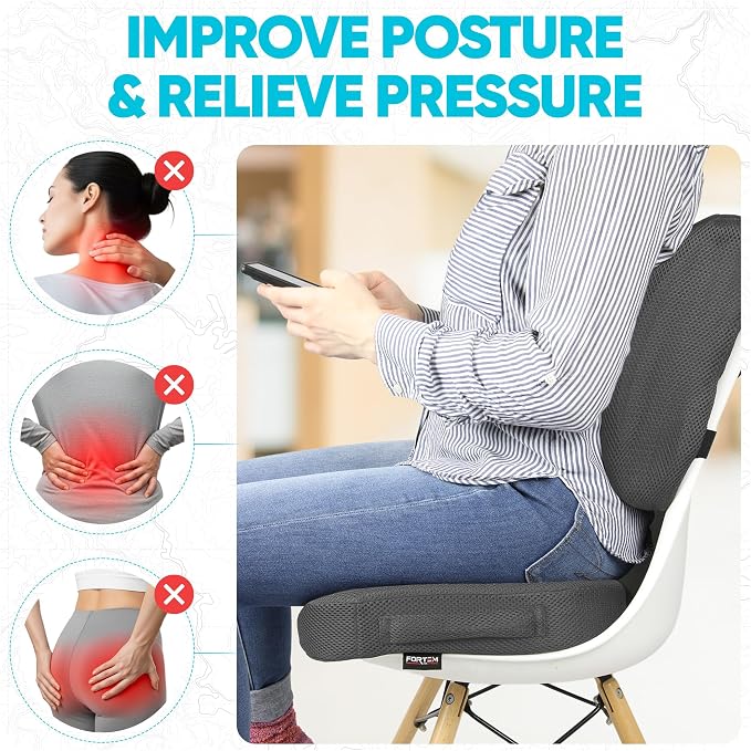 FORTEM Seat Cushion, Office Chair Cushion, Lumbar Support Pillow for Office Chair, Memory Foam Car Seat Cushions, Sciatica Coccyx Tailbone Pain Relief, Cushions for Back Support, Washable, Non Slip XL