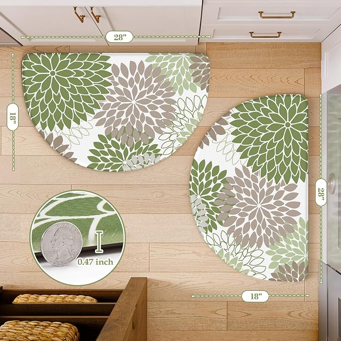 KIMODE Half Circle Anti Fatigue Mats for Kitchen Floor Kitchen Mats 2PCS | 18"x28+18"x28",Sage Green,Dahlia Floral Boho,Kitchen Rug Sets of 2,Non Slip,Waterproof,for Sink Office Laundry Bathroom Decor