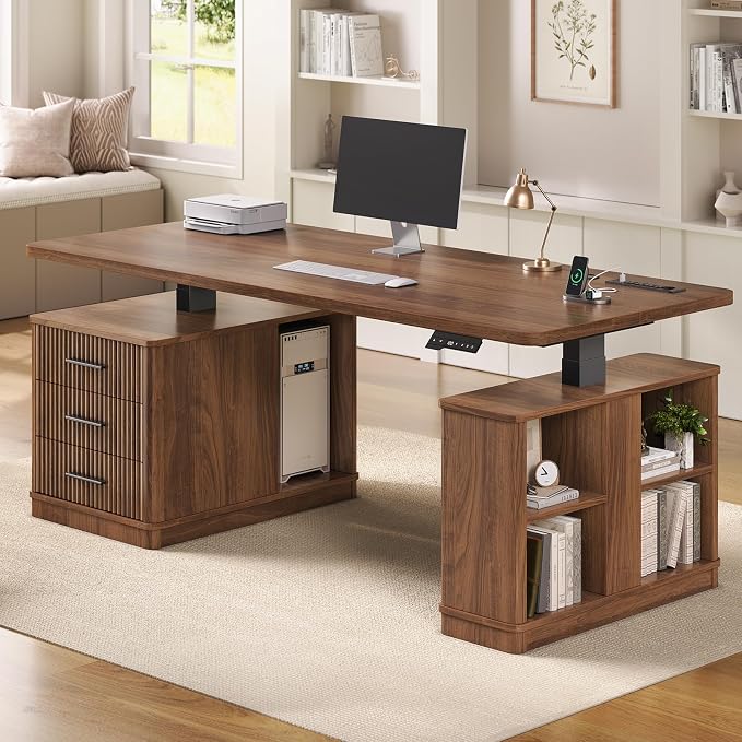 SEDETA Modern Fluted Electric Standing Desk, 63" Height Adjustable Computer Desk with 3 Drawers, Storage Shelves, Power Outlets, Wood Home Office Stand up Desk for Work, Study, Writing, Brown
