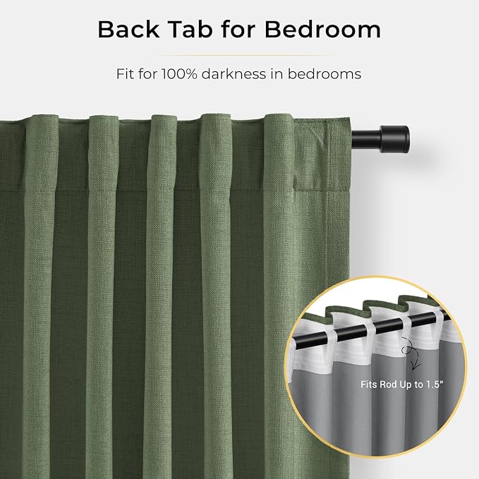 INOVADAY 100% Blackout Curtains for Bedroom, Moss Green Black Out Curtains 63 Inch Long, Clip Rings Linen Blackout Drapes, Thermal Insulated Room Darkening for Living Room, 2 Panels - W50xL63