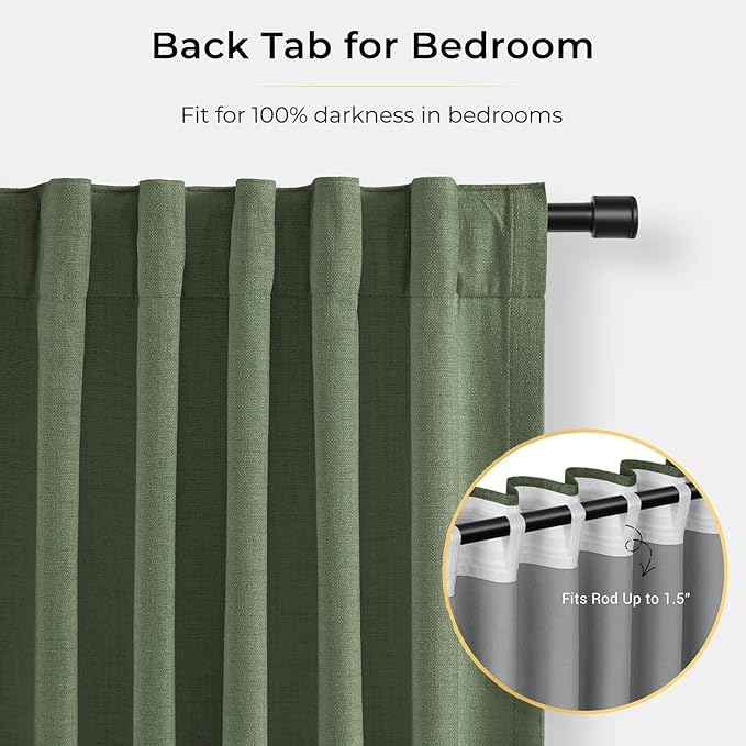 INOVADAY 100% Blackout Curtains for Bedroom, Moss Green Black Out Curtains 84 Inch Long, Clip Rings Linen Blackout Drapes, Thermal Insulated Room Darkening for Living Room, 2 Panels - W50xL84