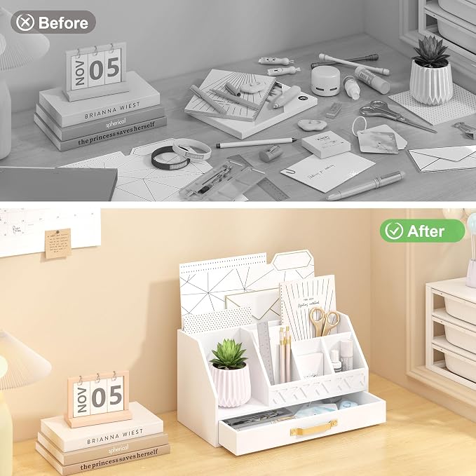 Wisuce Bamboo Mail Organizer Countertop with Drawers, Wooden Desk Organizer File Bill Sorter Storage Box for Desktop Letter Envelope Countertop Holder for Office Home School Organization