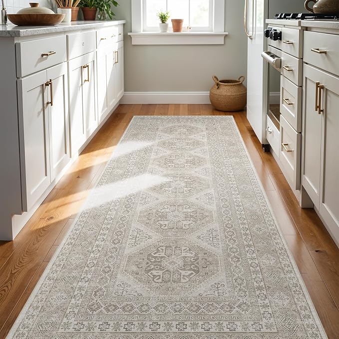 3x8 Runner Rug Kitchen Washable:Oriental Indoor Hallway Runners with Non Slip Backing Floor Mat for Entryway Door Low Pile Thin Carpet for Bedroom Bathroom Living Room Bedside (Beige, 3x8)