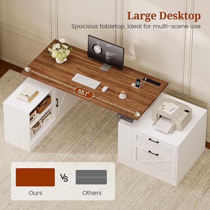UPOSOJA 71" Farmhouse L Shaped Standing Desk, Electric Height Adjustable Corner Desk with Storage Cabinet & File Drawers, Wood Stand up Computer Desks with Power Outlets for Home Office