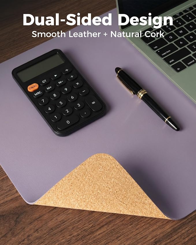 Aothia Dual-Sided Desk Mat, FSC Cork & PU Leather Desk Pad, Large Mouse Pad & Writing Surface for Multi-Device Workspace, Non-Slip Waterproof Desk Protector - 37.8" x 17", Light Purple