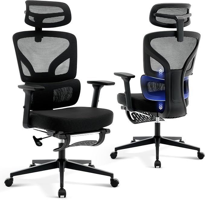 Office Chair Ergonomic Desk Chair - Home Mesh Chair with Adjustable Footrest Lumbar Support, High-Back Computer Gaming Chair with Headrest 3D Armrests, Rolling Swivel Task Chairs for Home, Office