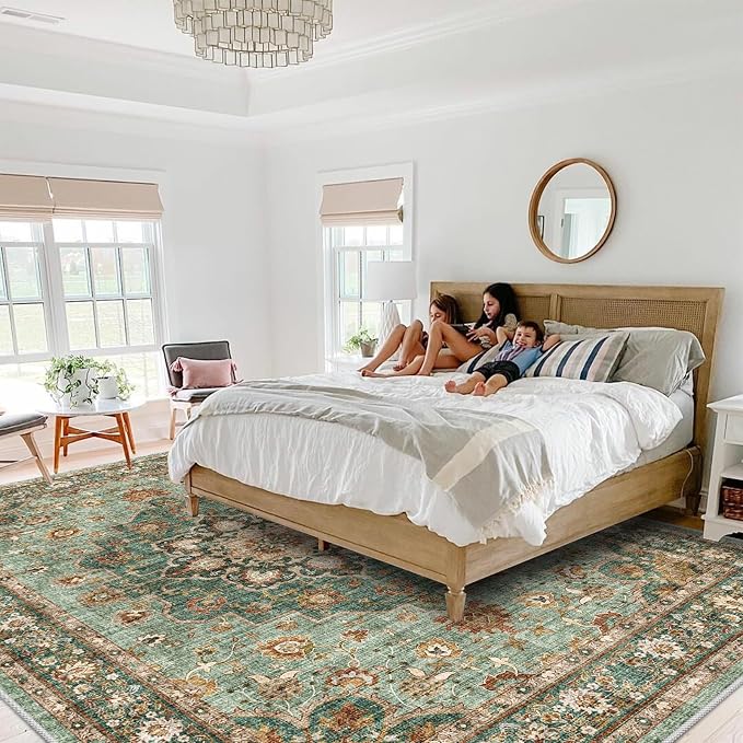 TOPRUUG Washable Oriental Area Rug - 10x12 Rugs for Living Room Soft Carpet for Bedroom Waterproof Floral Distressed Indoor Stain Resistant Non-Shedding Floor Carpets (Green, 10x12)