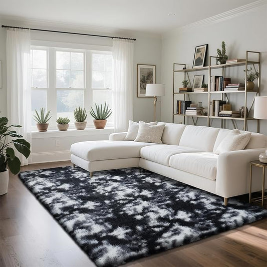 Fluffy Rug Shag Area Rug, Mottling Black 4x6 Area Rugs for Bedroom, Small Bedside Rug, Soft Fluffy Shag Entryway Throw Rugs for Living Room Bedroom Room Home Decor