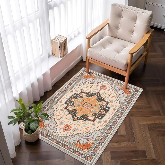 Macgace 2x3 Orange Beige Small Area Rug for Entryway, Soft Washable Rugs with Non-Slip Backing for Bedroom Kitchen, Vintage Throw Carpet Laundry Entry Front Door Decor