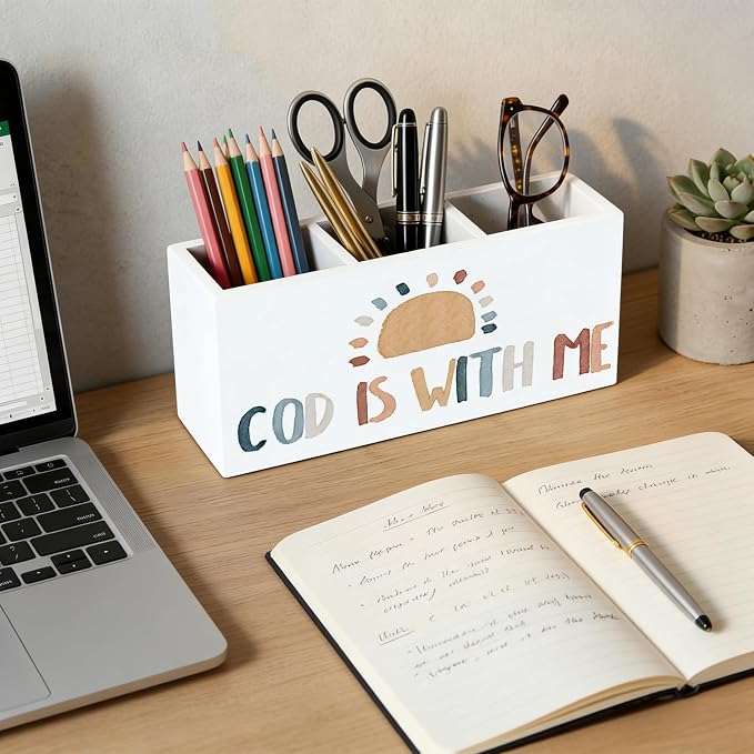Boho Christian Inspirational Wooden Pen Holder for Desk, Retro Sunshine Bible Verse Religious Pencil Organizer Wooden Box Sign for Kids Room Classroom Home Office Decoration