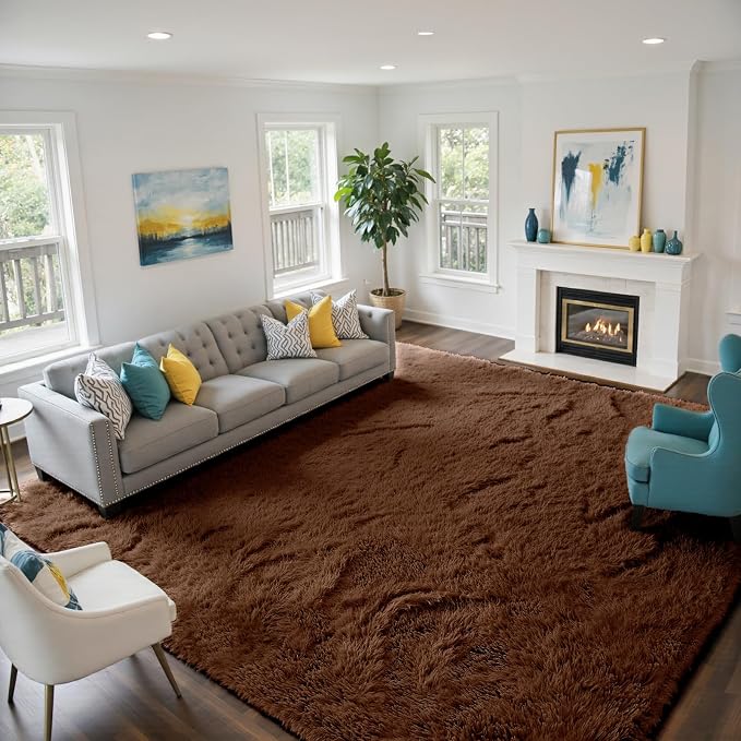 yongyangjuxin Fluffy Rug Shag Area Rug, Brown 9x12 Area Rugs for Living Room, Large Shag Area Rugs for Bedroom Room Home Decor, Upgrade Anti-Skid Rectangular Fuzzy Rugs