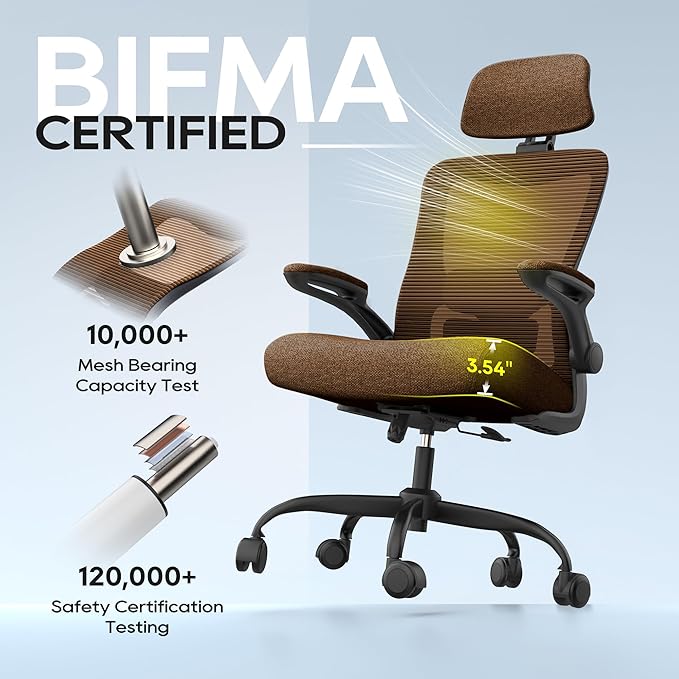 Ergonomic Office Chair, High Back Mesh Desk Chair with Adjustable Lumbar Support & Headrest, Flip-up Armrest, Computer Task Chairs for Home and Executive Office (B-Brown)