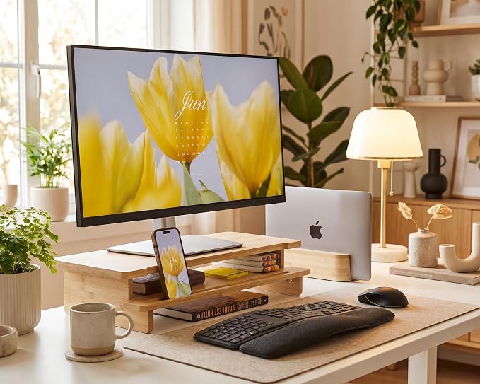 23” Bamboo Monitor Stand with Phone & Tablet Holder Desk Shelf | Monitor Riser for 40-55 Inch Desk Cozy Computer Setup Workplace Organizer Keyboard Storage Compact Ergonomic