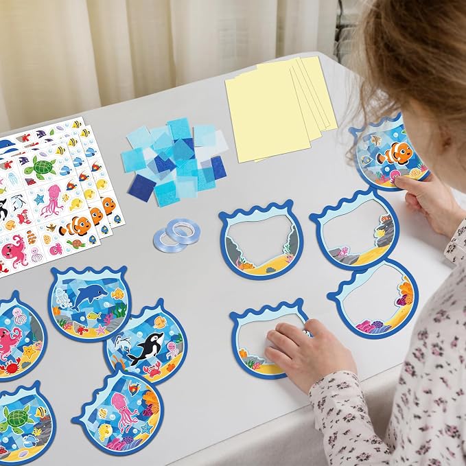 42PCS Summer Activities Crafts Bulk: Sea Animal Ocean Scene Paper Suncatchers, Under the Sea Party Fish Stickers DIY Kit School Classroom Decorations, Window Stained Glass Effect Art Supplies