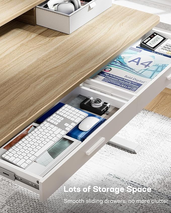 HUANUO 55 x 30 inch Electric Standing Desk with 4 Drawers, Natural | Deeper 30 Inch Desktop, Cable Tray, Monitor Mount Support, Grommet Routing, 27.9–46.8 Inch Height Range, Home Office Use
