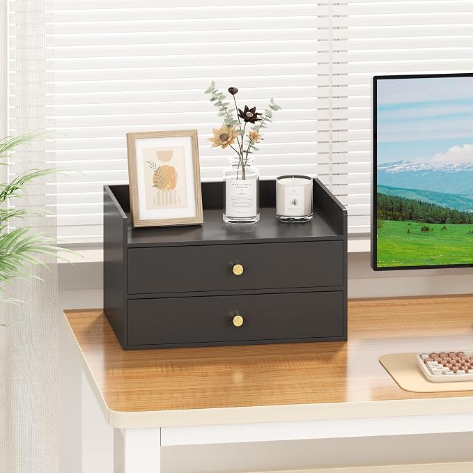 Bamboo Desk Organizer with Drawers,Wooden Desktop Storage(2 Drawers, Black) | 100% Bamboo 2 Pull-Out Drawers No Assembly Required Space-Saving Design