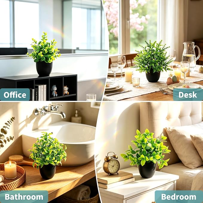 4 Pack Mini Fake Plants Artificial Potted Plants for Home Office Bathroom Shelf Desk Decor, Small Faux Greenery with Black Pots, Assorted Faux Grass & Leaf Plants for Indoor Aesthetic Decoration