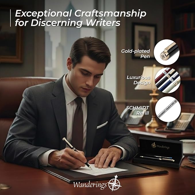 WANDERINGS Premium Ballpoint Pen with German Ink – Perfectly Balanced Executive Pen with 24K Gold Plated – Piano Black - Includes a Schmidt Refill in a Giftable Presentation Case for Men or Women
