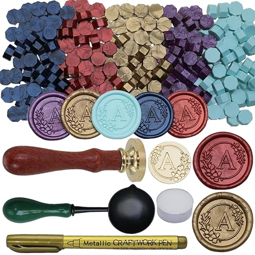 Initial Alphabet A Wax Seal Stamp Set, Retro Letter Sealing Stamp with 150Pcs Sealing Wax Beads in 5 Color, Melt Non Slip Spoon Pen Kit for Wedding and Christmas (A)