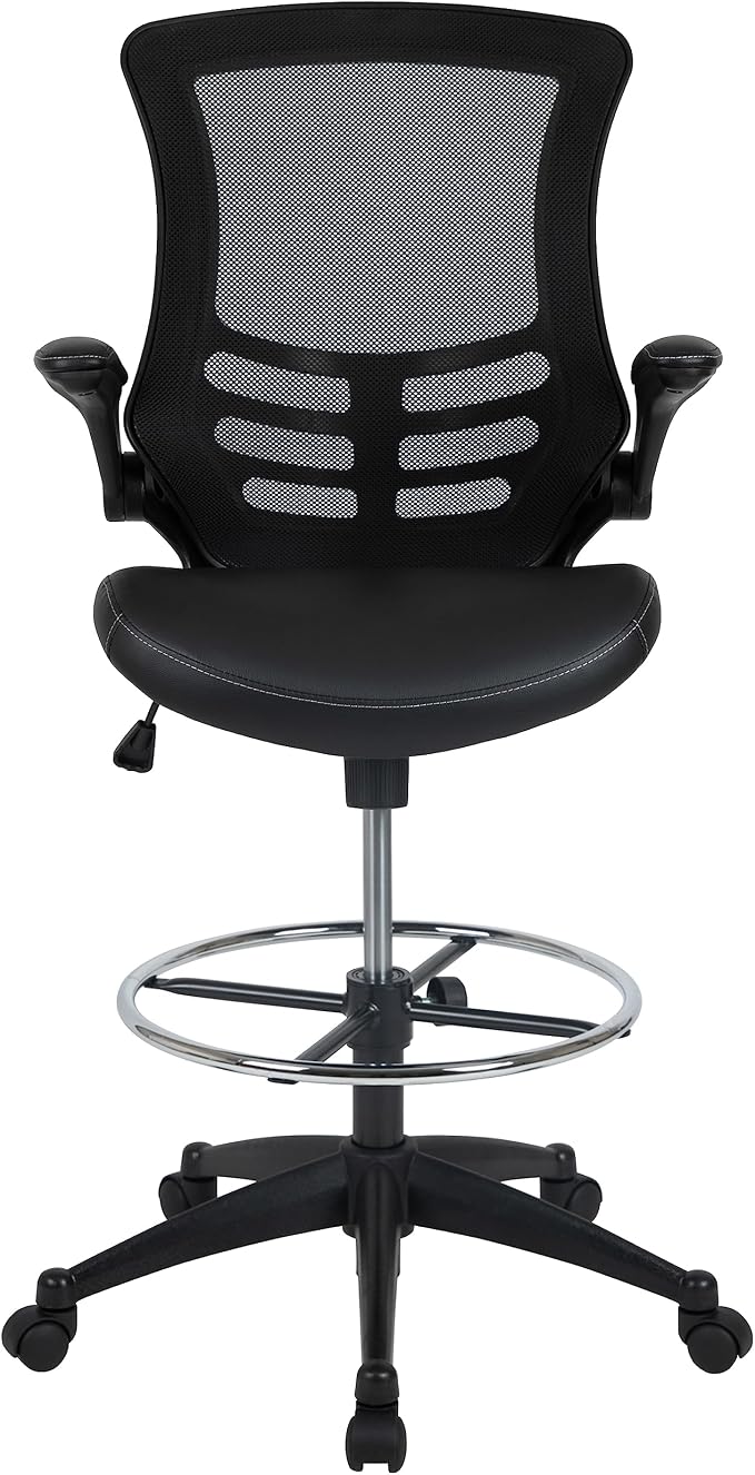 Flash Furniture Kelista Mid-Back Swivel Office Chair with Adjustable LeatherSoft Seat Height, Ergonomic Mesh Chair with Flip-Up Arms, Black | Leather soft Seat, Mid-Back, Flip-Up Arms, Mesh Back, Adjustable Foot Ring