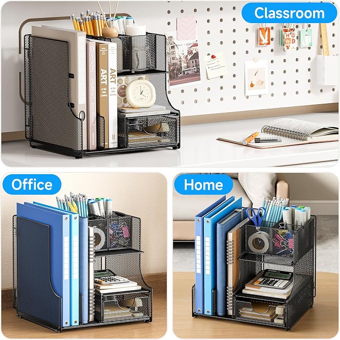 Lavatino Desk Organizer – 4-in-1 Black Mesh Office Supplies Organizer with Pen Holder, File Holder, Desktop Tray, and Drawer for Home, Office, Classroom