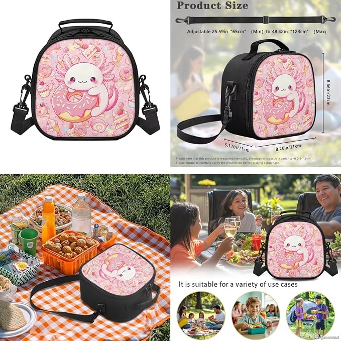 WELLFLYHOM 4 PCS Cake Donut Axolotl Backpack Set for Girls Ages 8-12 | Lightweight Elementary Daypack Set Includes Lunch Box, Pencil Case and Water Bottle Sleeve for All-Day School Use