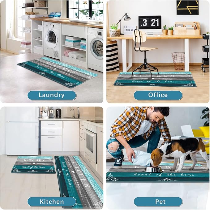 Sofort Kitchen Mats Cushioned Anti Fatigue, Non Slip Kitchen Mats for Floor | Farmhouse Kitchen Rugs, Waterproof, Comfort, Teal, Memory Foam, Turquoise, For Office, Sink, Laundry, 17"x 29"+ 17"x 47"