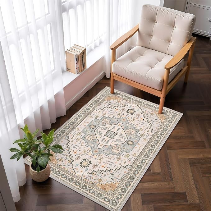 Macgace 2x3 Grey Beige Small Area Rug for Entryway, Soft Washable Rugs with Non-Slip Backing for Bedroom Kitchen, Vintage Throw Carpet Laundry Entry Front Door Decor