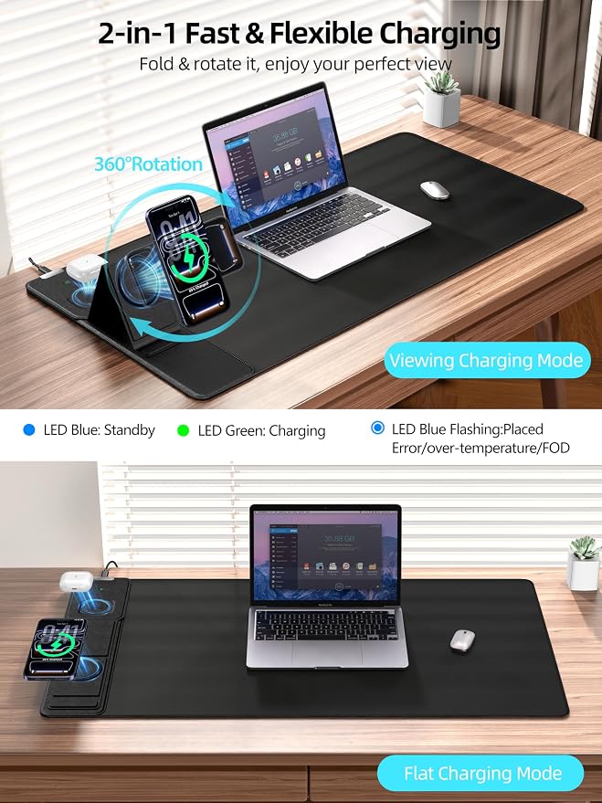 Mouse Pad with Magnetic Wireless Charging & Adjustable Phone Stand, 31.5"x15.8" Extended Desk Mat, Waterproof Ultra-Smooth Keyboard Pad, Non-Slip Base, with 20W PD Adapter, Black