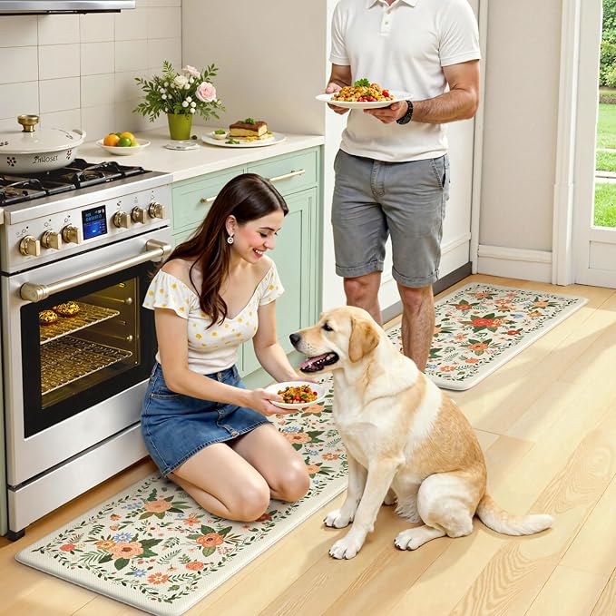 KIMODE Kitchen Mats for Floor Anti Fatigue, White Floral Rugs for Decor | Carpet for Kitchen Floor,Padded Kitchen Floor Mats,Cushioned Kitchen Mats for Floor 2 Piece for Laundry Sink 17"x47"+17"x29"