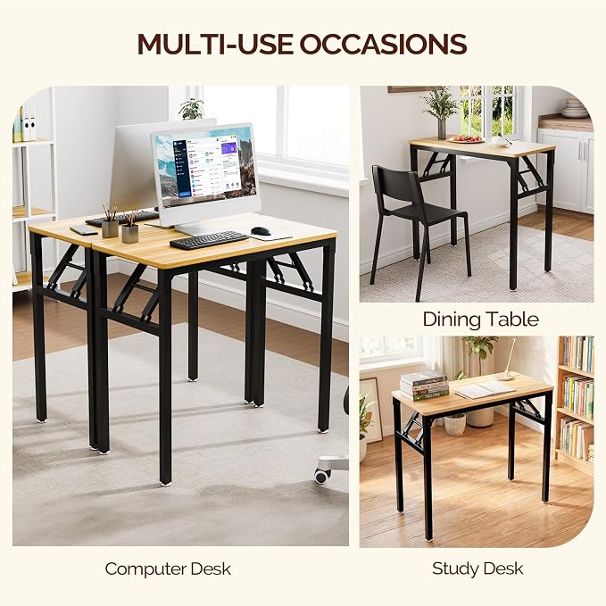 VINGLI Small Computer Desk No Assembly Required, Folding Desk As Writing Table, Dining Table and Workbench, Foldable Desk for Small Space & Home Office (31.5, Teak & Black Frame)