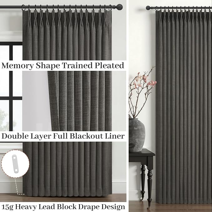 Dark Grey Blackout 84 Inch Curtains for Patio Sliding Glass Doors, Memory Shape Pinch Pleated Dual Layer Linen Thermal Light Blocking Modern Windows Drapes for Living Room 7FT Length 2 Panels Set