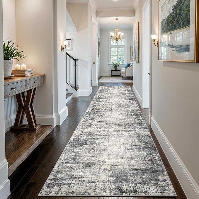 3x14 Hallway Washable Runner Rug - Non-Slip Kitchen Rugs with Rubber Backing Abstract Neutral Low-Pile Carpet Runners for Laundry Room Home Decor Bedroom Bathroom Entryway (Gray Beige,3x14)