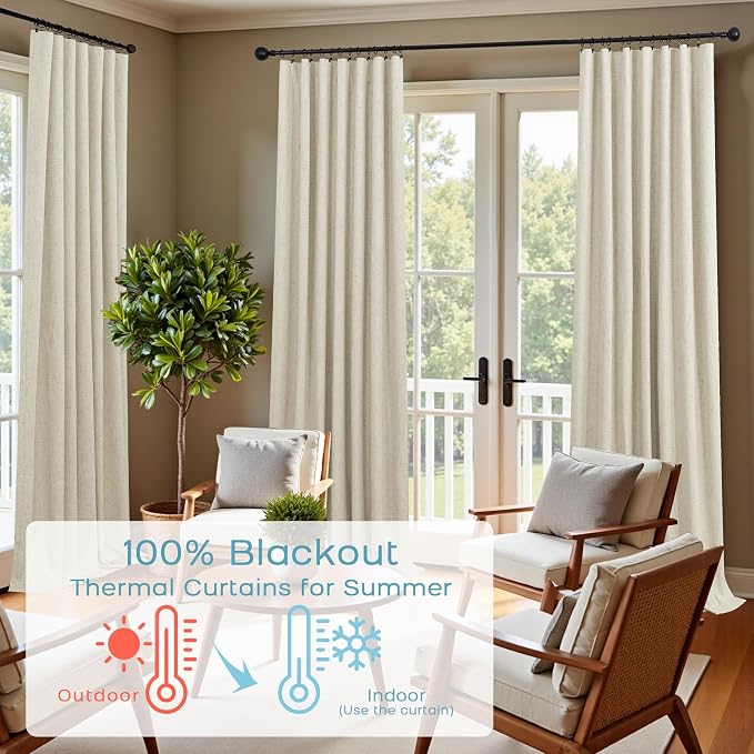 Beige Linen Blackout Curtains Drapes for Living Room, Light Tan Thermal Insulated Lined Pleated Black Out Window Curtain Panels for Bedroom, 52w x 84 Inches Long, Cortinas Para Sala, Warm Sand
