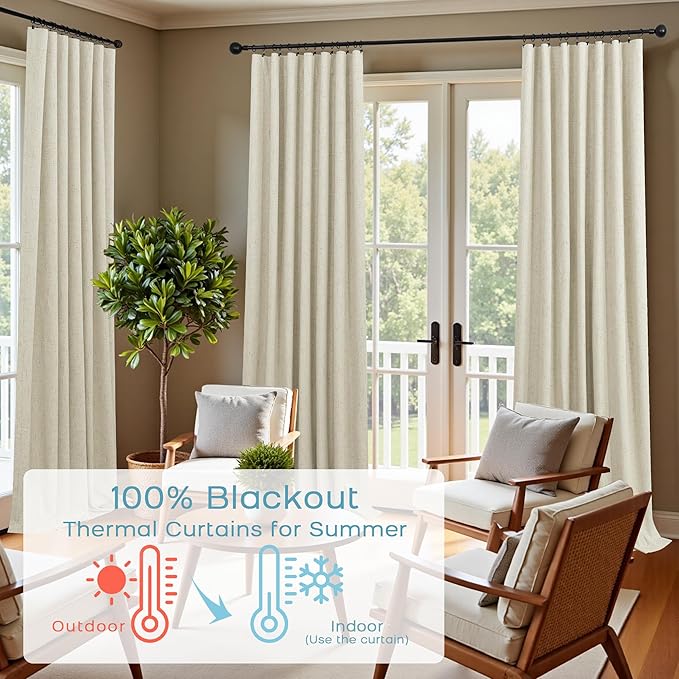 KOUFALL Light Tan Back Tab Linen Blackout Curtains 92 Inches Long