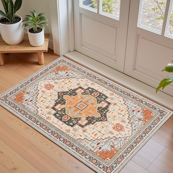 Macgace 2x3 Orange Beige Small Area Rug for Entryway, Soft Washable Rugs with Non-Slip Backing for Bedroom Kitchen, Vintage Throw Carpet Laundry Entry Front Door Decor