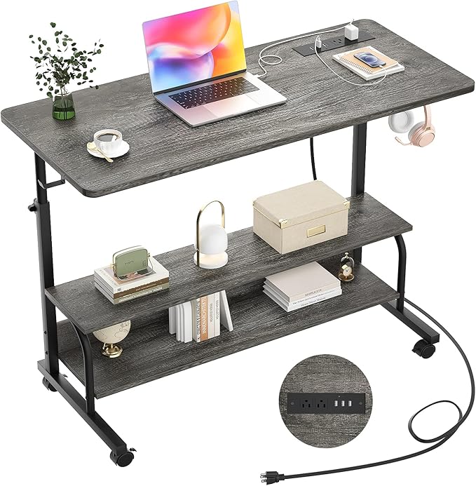 Armocity Rolling Standing Desk with Charging Station, Portable Height Adjustable Mobile Computer Desk with Wheels & 2-Tier Shelves & Hooks, Easy Assembly Laptop Table for Couch Bed, 39" Grey Oak