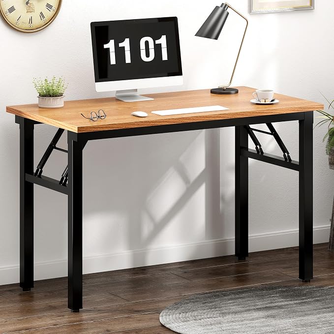 SDHYL 39 inches No Assembly Foldable Computer Desk, Modern Portable Laptop Workstation for Small Spaces with Adjustable Leg Pads, Simple Study and Writing Table for Home Office, Teak & Black