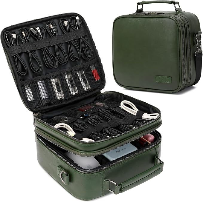KYALOU Electronics Travel Organizer, Large Electronic Accessories Cable Case with Adjustable Dividers, Waterproof Tech Storage Bag Gifts with Double Layers for Cord, Charger, Power Bank - Olive Green
