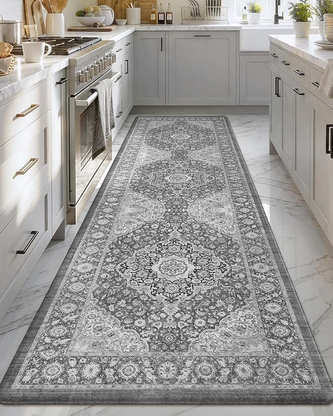 Color&Geometry Kitchen Floor Mat 24x87 Faded Vintage Anti Fatigue, Grey | 0.4in Cushion Standing Mat For Cooking/Working/Laundry, Boho Decor, Non Slip PVC Kitchen Rug, Oil/Water Proof, Anti Slip